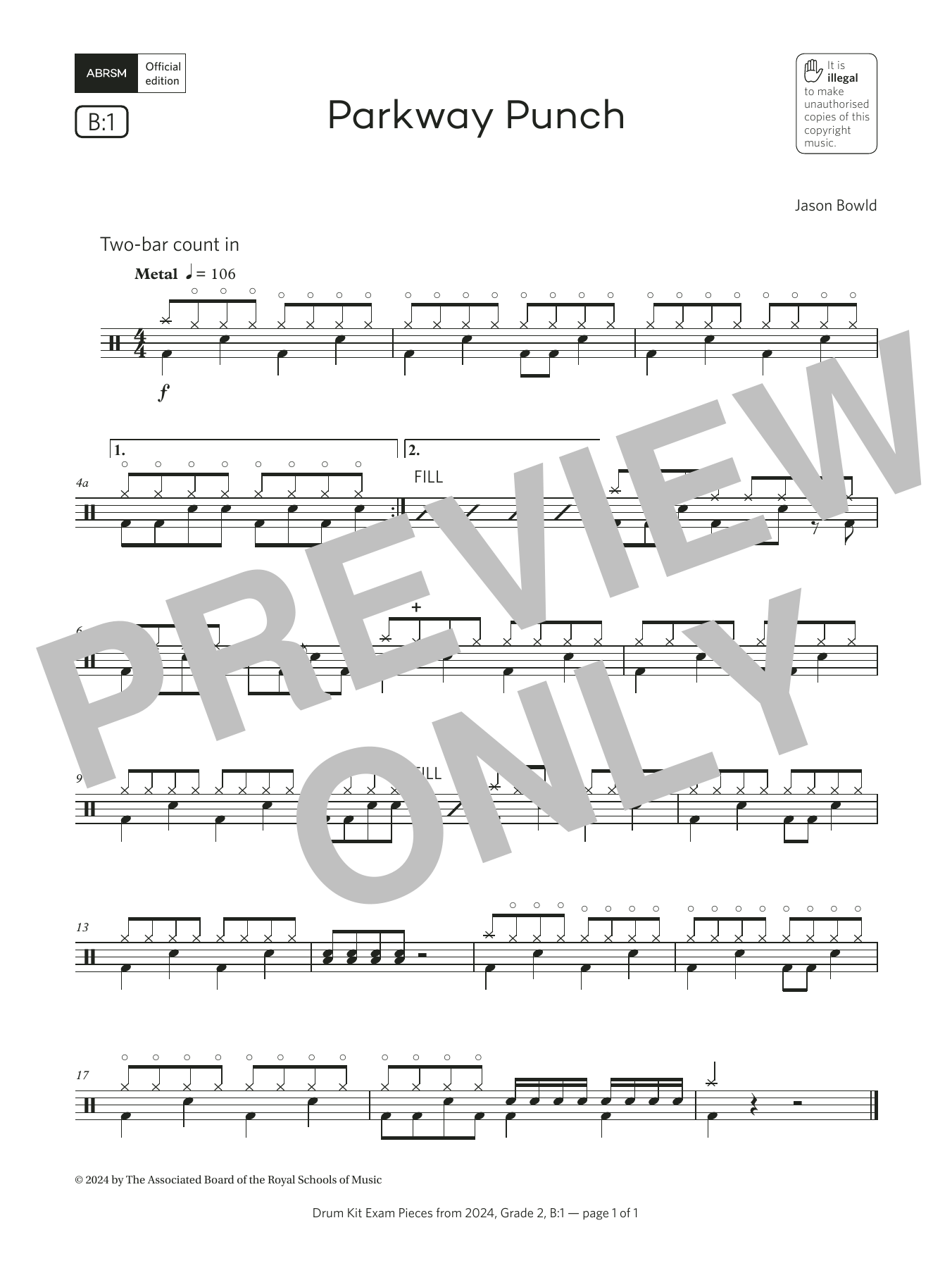 Jason Bowld Parkway Punch (Grade 2, list B1, from the ABRSM Drum Kit Syllabus 2024) sheet music, chords, lyrics - Printable PDF for Drums