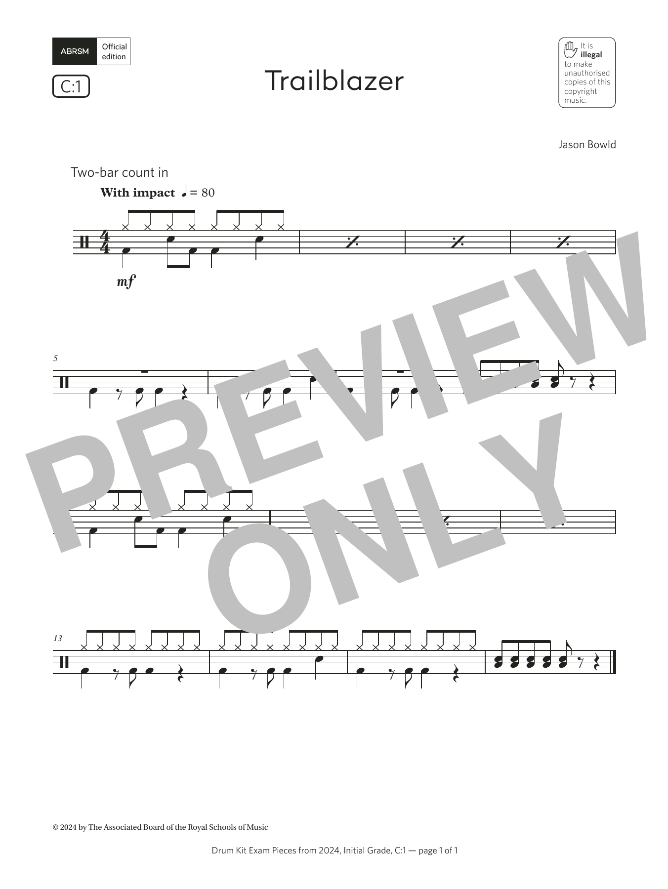 Jason Bowld Trailblazer (Grade Initial, list C1, from the ABRSM Drum Kit Syllabus 2024) sheet music, chords, lyrics - Printable PDF for Drums