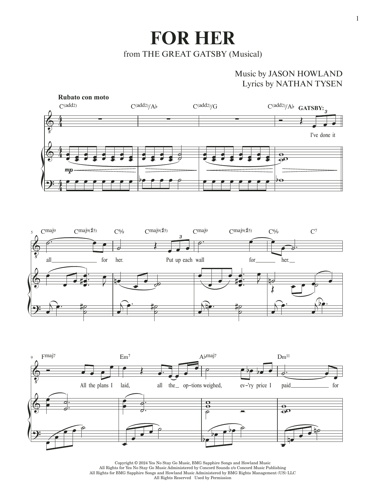 Jason Howland & Nathan Tysen For Her (from The Great Gatsby) sheet music, chords, lyrics - Printable PDF for Piano & Vocal
