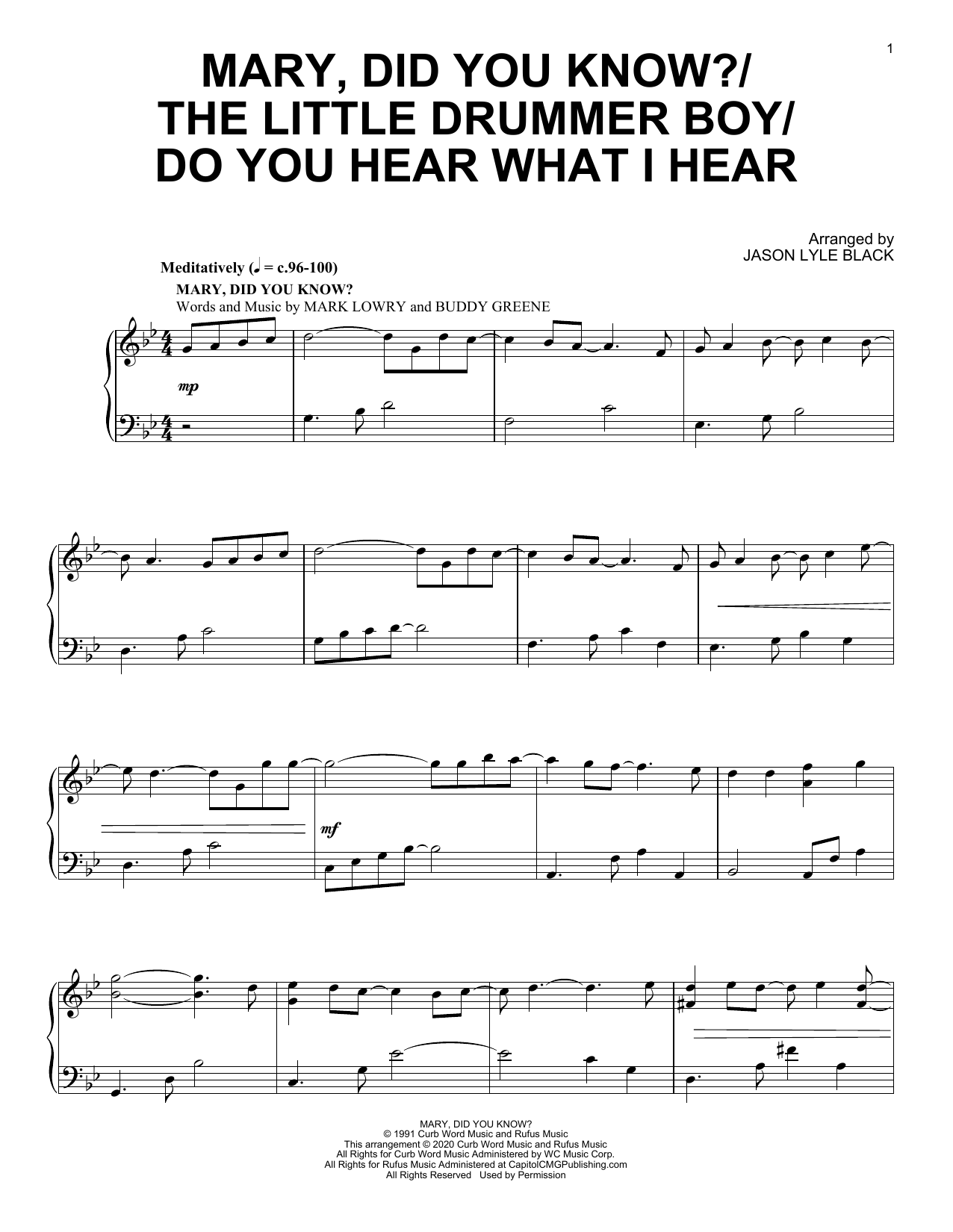 Jason Lyle Black Mary, Did You Know?/The Little Drummer Boy/Do You Hear What I Hear sheet music, chords, lyrics - Printable PDF for Piano Solo