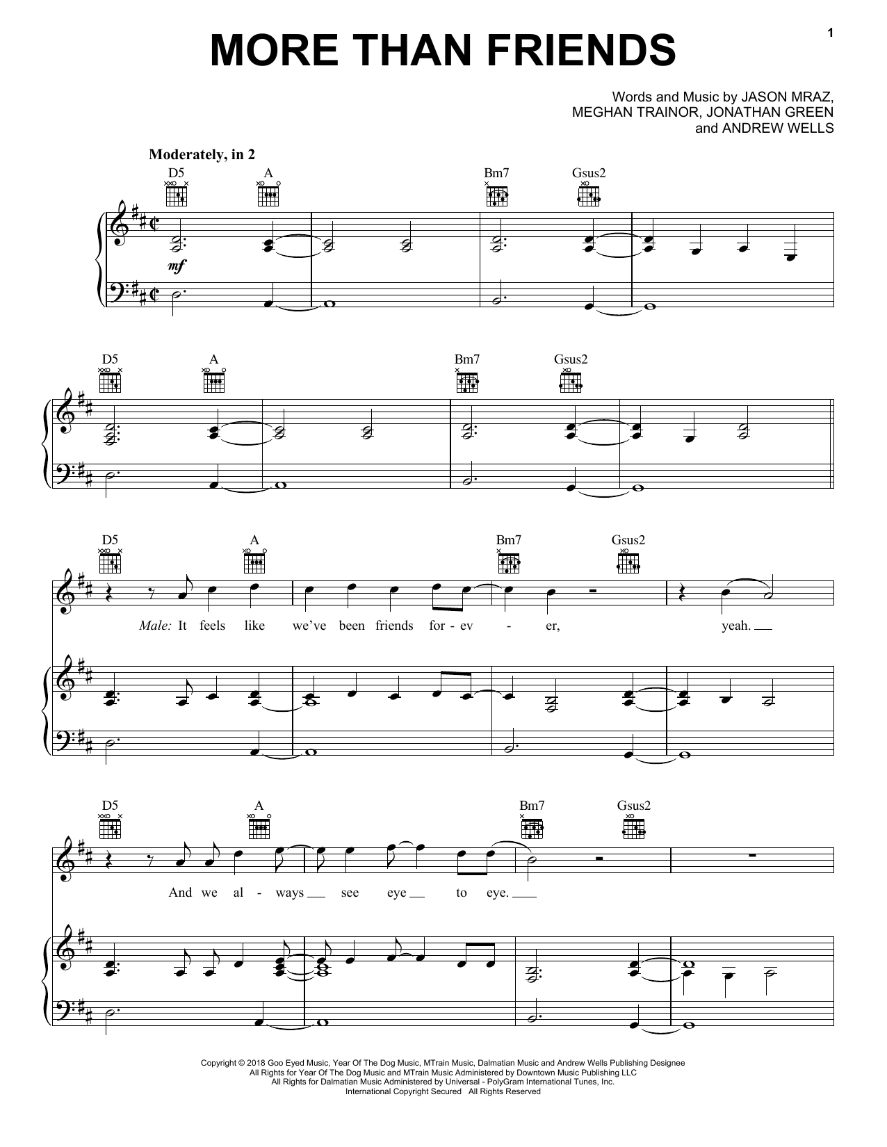 Jason Mraz More Than Friends (feat. Meghan Trainor) sheet music, chords, lyrics - Printable PDF for Piano, Vocal & Guitar (Right-Hand Melody)
