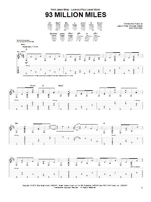 Learn to play Jason Mraz 93 Million Miles sheet music for Piano, Vocal & Guitar (Right-Hand Melody) in minutes. Jason Mraz 93 Million Miles sheet music preview music notes and score for Piano, Vocal & Guitar (Right-Hand Melody) including 8 page(s)