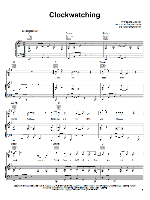 Learn to play Jason Mraz Clockwatching sheet music for Piano, Vocal & Guitar (Right-Hand Melody) in minutes. Jason Mraz Clockwatching sheet music preview music notes and score for Piano, Vocal & Guitar (Right-Hand Melody) including 8 page(s)