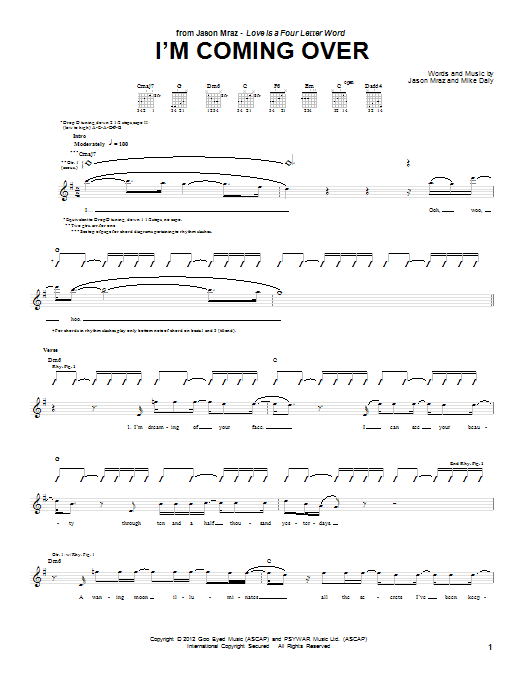 Learn to play Jason Mraz I'm Coming Over sheet music for Piano, Vocal & Guitar (Right-Hand Melody) in minutes. Jason Mraz I'm Coming Over sheet music preview music notes and score for Piano, Vocal & Guitar (Right-Hand Melody) including 9 page(s)