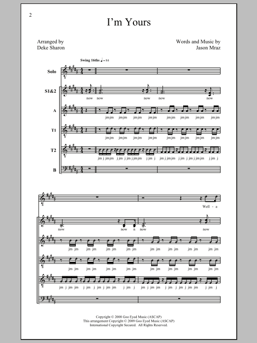 Jason Mraz I'm Yours (arr. Deke Sharon) sheet music preview music notes and score for SATB including 22 page(s)