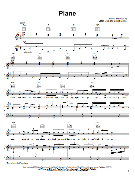 Learn to play Jason Mraz Plane sheet music for Piano, Vocal & Guitar (Right-Hand Melody) in minutes. Jason Mraz Plane sheet music preview music notes and score for Piano, Vocal & Guitar (Right-Hand Melody) including 10 page(s)