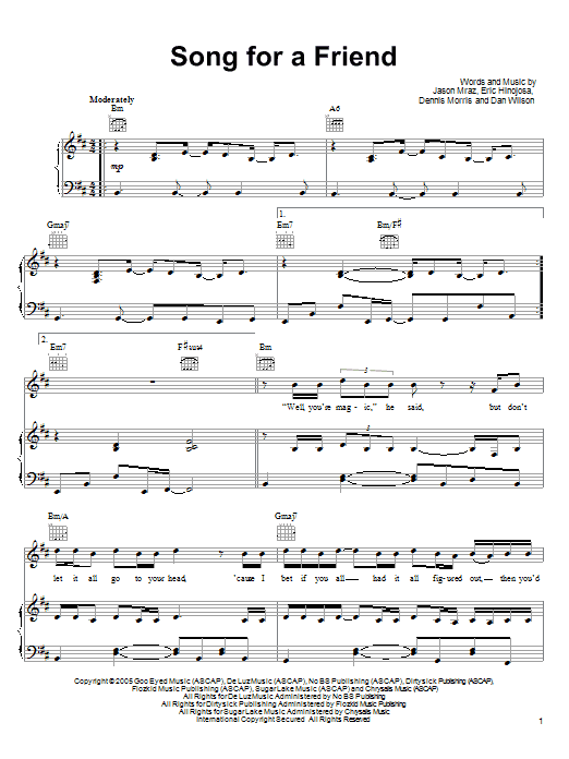 Learn to play Jason Mraz Song For A Friend sheet music for Piano, Vocal & Guitar (Right-Hand Melody) in minutes. Jason Mraz Song For A Friend sheet music preview music notes and score for Piano, Vocal & Guitar (Right-Hand Melody) including 12 page(s)