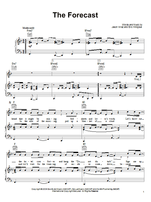 Learn to play Jason Mraz The Forecast sheet music for Piano, Vocal & Guitar (Right-Hand Melody) in minutes. Jason Mraz The Forecast sheet music preview music notes and score for Piano, Vocal & Guitar (Right-Hand Melody) including 7 page(s)