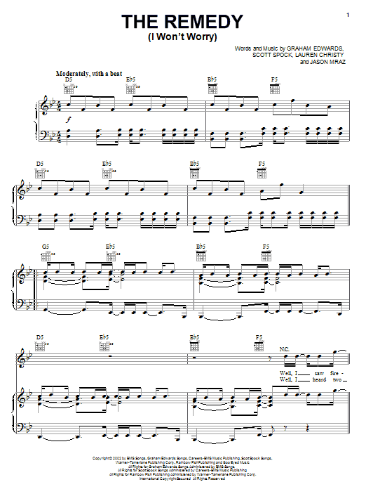 Learn to play Jason Mraz The Remedy (I Won't Worry) sheet music for Piano, Vocal & Guitar (Right-Hand Melody) in minutes. Jason Mraz The Remedy (I Won't Worry) sheet music notes and chords