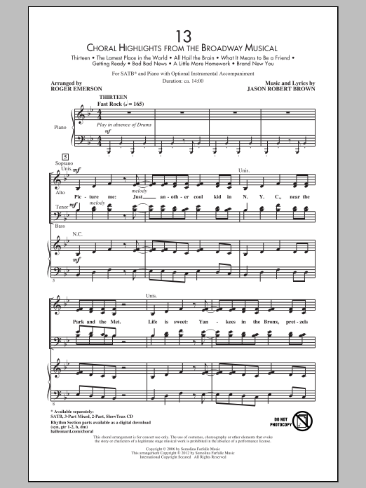 Learn to play Jason Robert Brown 13 (Choral Highlights From The Broadway Musical) (arr. Roger Emerson) sheet music for 2-Part Choir in minutes. Jason Robert Brown 13 (Choral Highlights From The Broadway Musical) (arr. Roger Emerson) sheet music preview music notes and score for 2-Part Choir including 5 page(s)