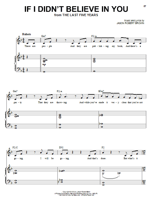 Learn to play Jason Robert Brown If I Didn't Believe In You sheet music for Piano, Vocal & Guitar (Right-Hand Melody) in minutes. Jason Robert Brown If I Didn't Believe In You sheet music preview music notes and score for Piano, Vocal & Guitar (Right-Hand Melody) including 10 page(s)