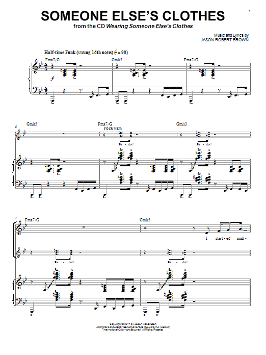 Learn to play Jason Robert Brown Someone Else's Clothes sheet music for Piano & Vocal in minutes. Jason Robert Brown Someone Else's Clothes sheet music preview music notes and score for Piano & Vocal including 16 page(s)