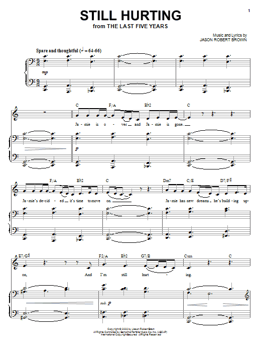 Learn to play Jason Robert Brown Still Hurting sheet music for Piano, Vocal & Guitar (Right-Hand Melody) in minutes. Jason Robert Brown Still Hurting sheet music preview music notes and score for Piano, Vocal & Guitar (Right-Hand Melody) including 8 page(s)