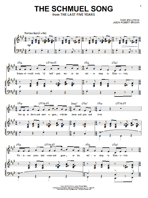 Learn to play Jason Robert Brown The Schmuel Song sheet music for Piano, Vocal & Guitar (Right-Hand Melody) in minutes. Jason Robert Brown The Schmuel Song sheet music preview music notes and score for Piano, Vocal & Guitar (Right-Hand Melody) including 15 page(s)