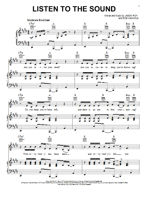 Learn to play Jason Roy Listen To The Sound sheet music for Piano, Vocal & Guitar (Right-Hand Melody) in minutes. Jason Roy Listen To The Sound sheet music preview music notes and score for Piano, Vocal & Guitar (Right-Hand Melody) including 7 page(s)