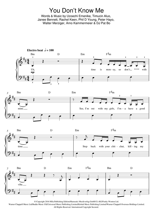 Jax Jones You Don't Know Me (feat. RAYE) sheet music, chords, lyrics - Printable PDF for Beginner Piano