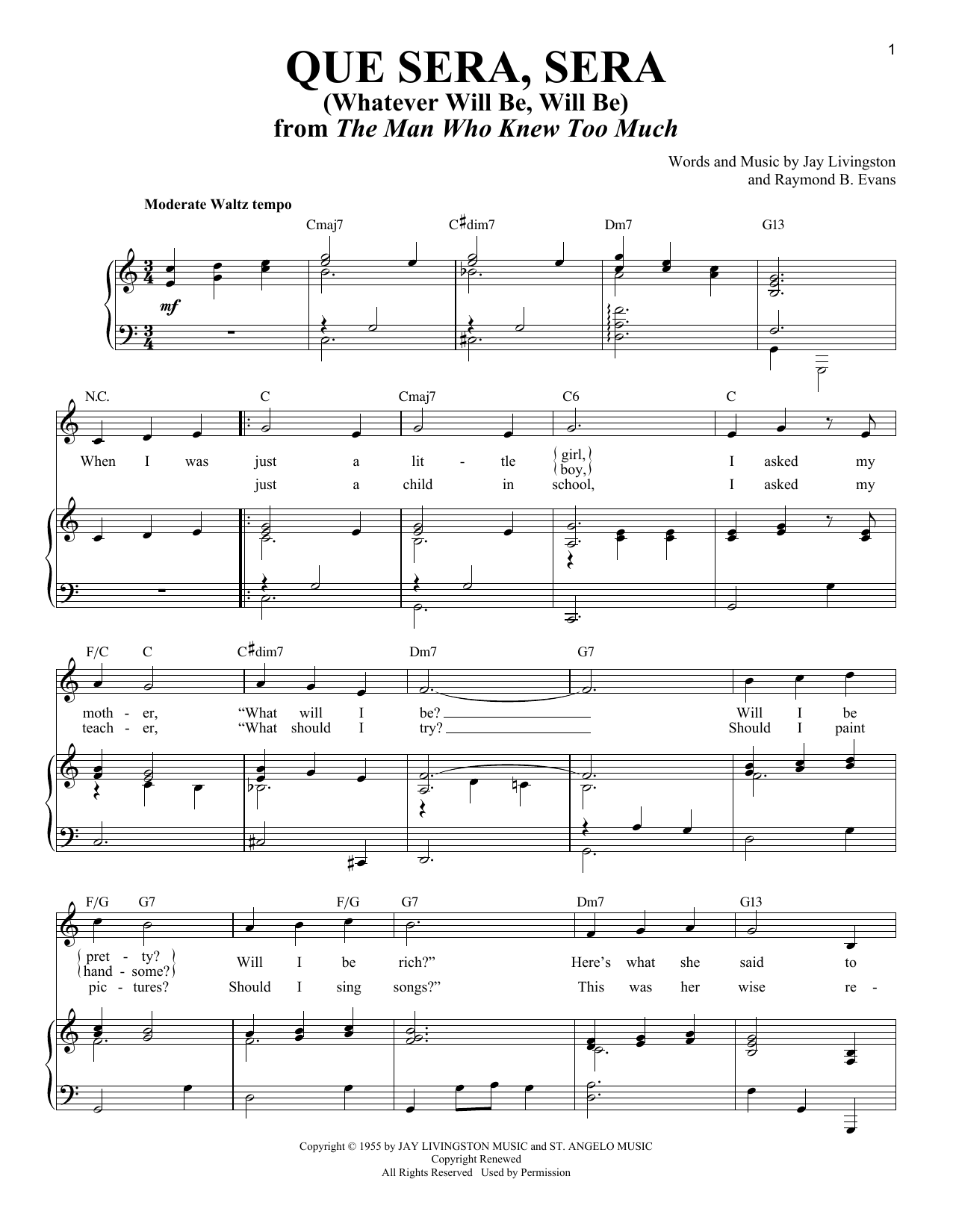 Jay Livingston Que Sera, Sera (Whatever Will Be, Will Be) sheet music, chords, lyrics - Printable PDF for Piano & Vocal