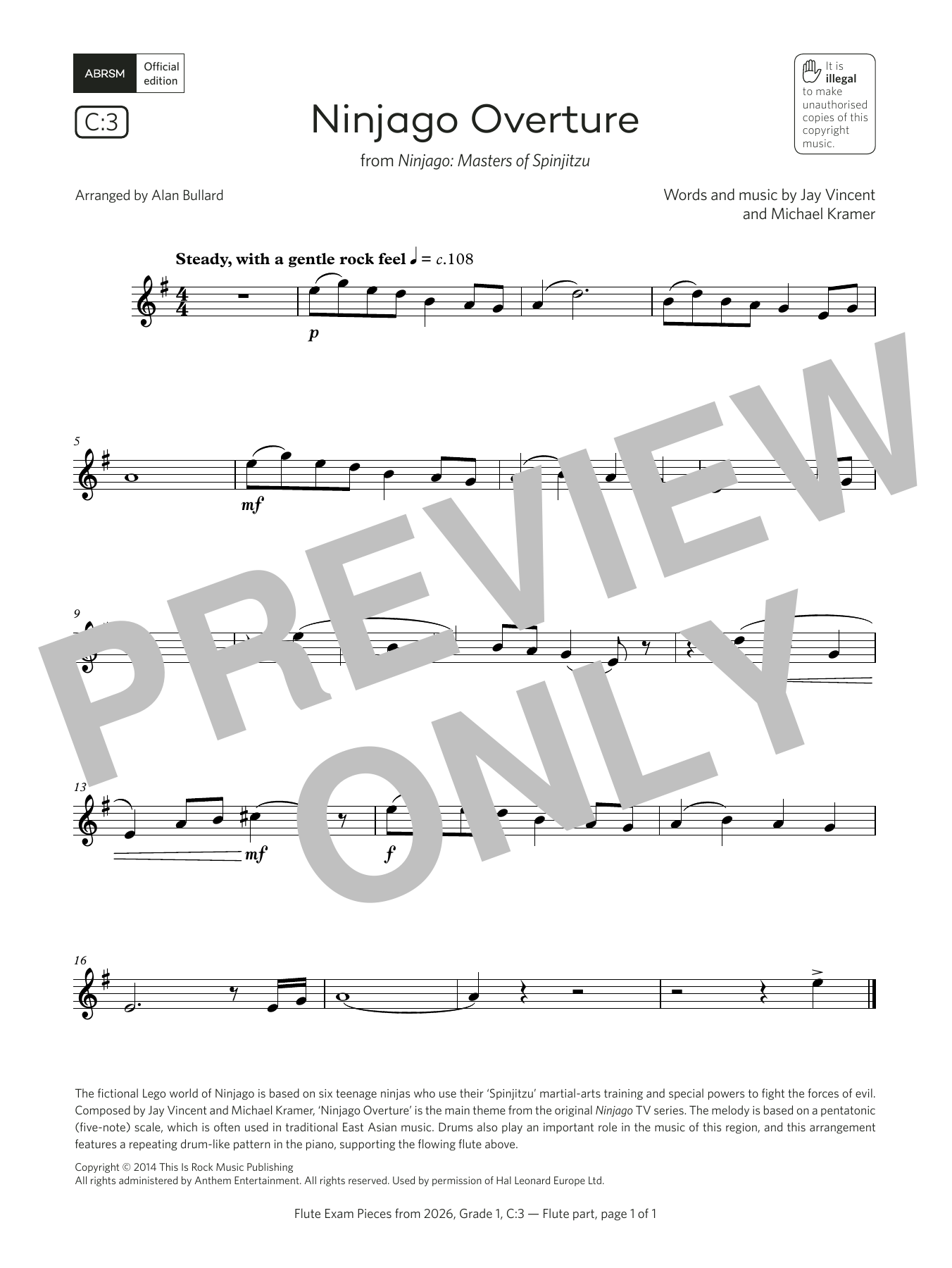 Jay Vincent Ninjago Overture (Grade 1, list C3, from the ABRSM Flute Syllabus from 2026) sheet music, chords, lyrics - Printable PDF for Flute Solo