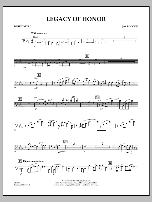 Learn to play Jay Bocook Legacy of Honor - Baritone B.C. sheet music for Concert Band in minutes. Jay Bocook Legacy of Honor - Baritone B.C. sheet music notes and chords