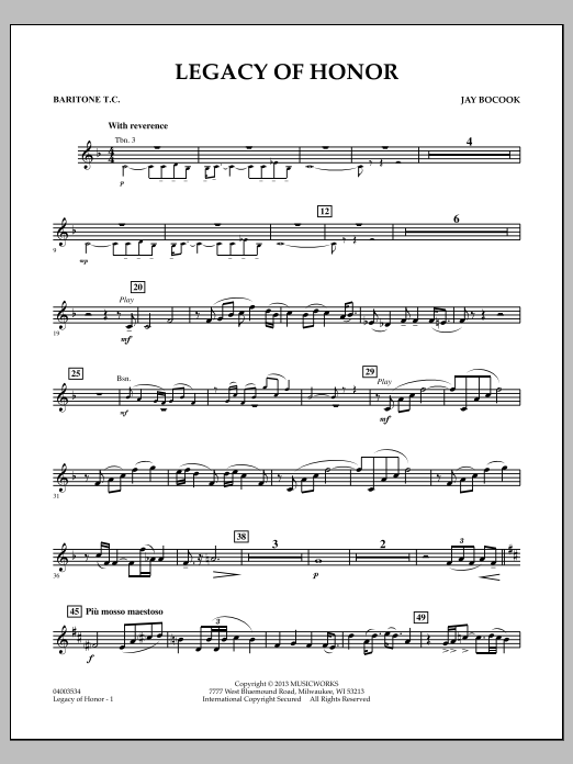 Learn to play Jay Bocook Legacy of Honor - Baritone T.C. sheet music for Concert Band in minutes. Jay Bocook Legacy of Honor - Baritone T.C. sheet music notes and chords
