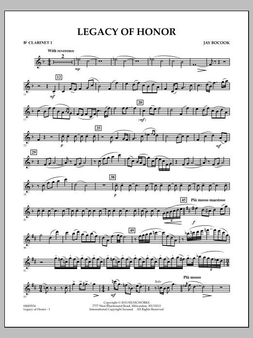 Learn to play Jay Bocook Legacy of Honor - Bb Clarinet 1 sheet music for Concert Band in minutes. Jay Bocook Legacy of Honor - Bb Clarinet 1 sheet music notes and chords