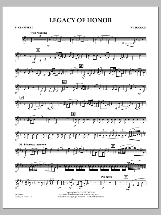 Learn to play Jay Bocook Legacy of Honor - Bb Clarinet 2 sheet music for Concert Band in minutes. Jay Bocook Legacy of Honor - Bb Clarinet 2 sheet music notes and chords