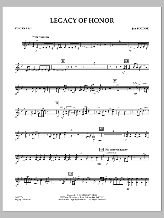 Learn to play Jay Bocook Legacy of Honor - F Horn 1 & 2 sheet music for Concert Band in minutes. Jay Bocook Legacy of Honor - F Horn 1 & 2 sheet music notes and chords