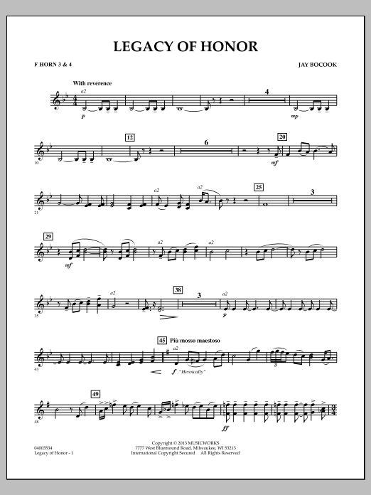 Learn to play Jay Bocook Legacy of Honor - F Horn 3 & 4 sheet music for Concert Band in minutes. Jay Bocook Legacy of Honor - F Horn 3 & 4 sheet music notes and chords