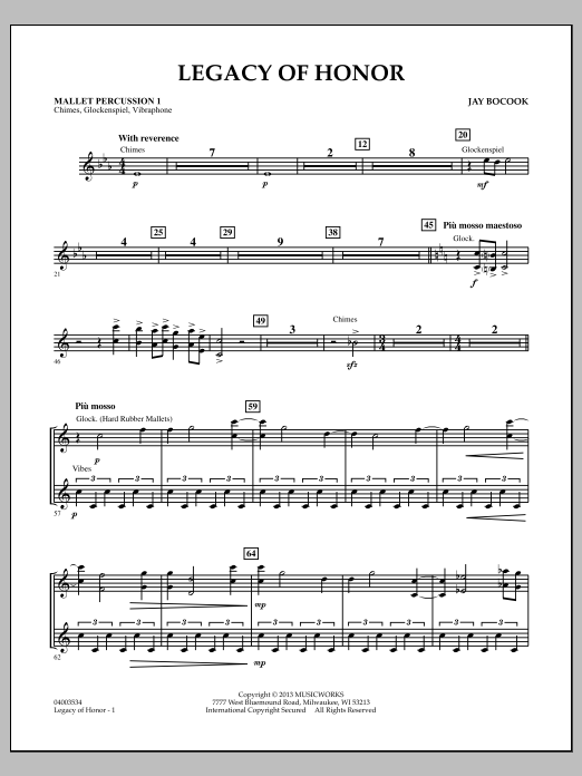Learn to play Jay Bocook Legacy of Honor - Mallet Percussion 1 sheet music for Concert Band in minutes. Jay Bocook Legacy of Honor - Mallet Percussion 1 sheet music notes and chords