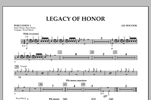 Learn to play Jay Bocook Legacy of Honor - Percussion 1 sheet music for Concert Band in minutes. Jay Bocook Legacy of Honor - Percussion 1 sheet music notes and chords