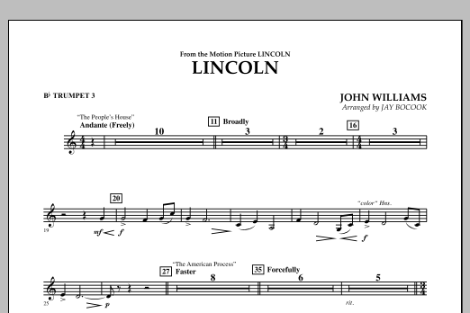 Learn to play Jay Bocook Lincoln - Bb Trumpet 3 sheet music for Concert Band in minutes. Jay Bocook Lincoln - Bb Trumpet 3 sheet music notes and chords