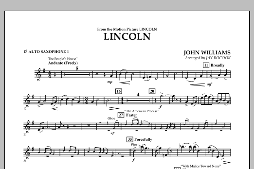 Learn to play Jay Bocook Lincoln - Eb Alto Saxophone 1 sheet music for Concert Band in minutes. Jay Bocook Lincoln - Eb Alto Saxophone 1 sheet music notes and chords
