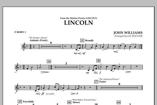 Learn to play Jay Bocook Lincoln - F Horn 1 sheet music for Concert Band in minutes. Jay Bocook Lincoln - F Horn 1 sheet music notes and chords