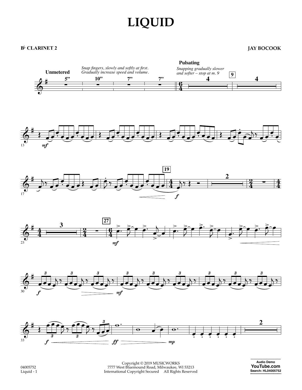 Learn to play Jay Bocook Liquid - Bb Clarinet 2 sheet music for Concert Band in minutes. Jay Bocook Liquid - Bb Clarinet 2 sheet music preview music notes and score for Concert Band including 4 page(s)
