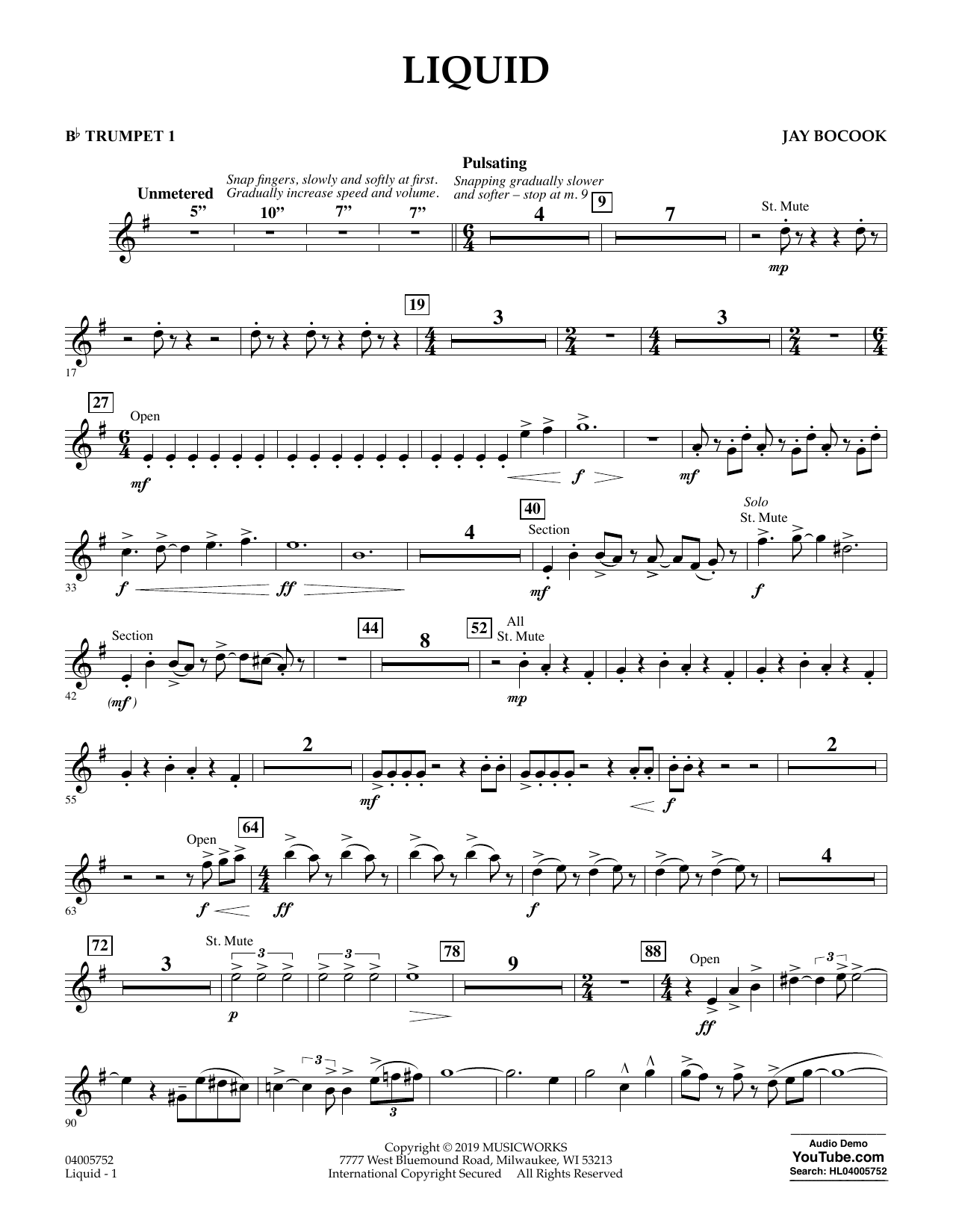 Learn to play Jay Bocook Liquid - Bb Trumpet 1 sheet music for Concert Band in minutes. Jay Bocook Liquid - Bb Trumpet 1 sheet music preview music notes and score for Concert Band including 2 page(s)