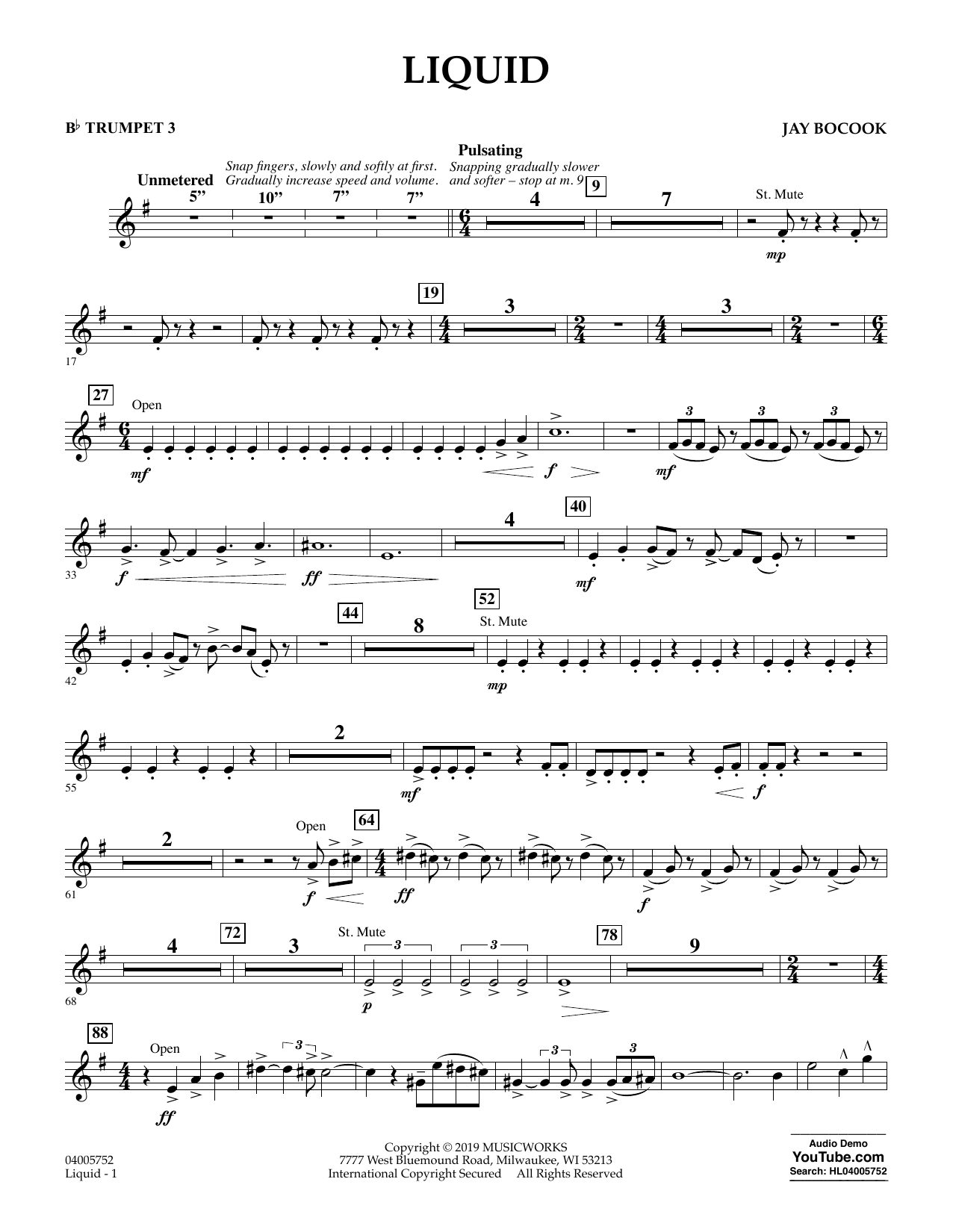 Learn to play Jay Bocook Liquid - Bb Trumpet 3 sheet music for Concert Band in minutes. Jay Bocook Liquid - Bb Trumpet 3 sheet music preview music notes and score for Concert Band including 2 page(s)