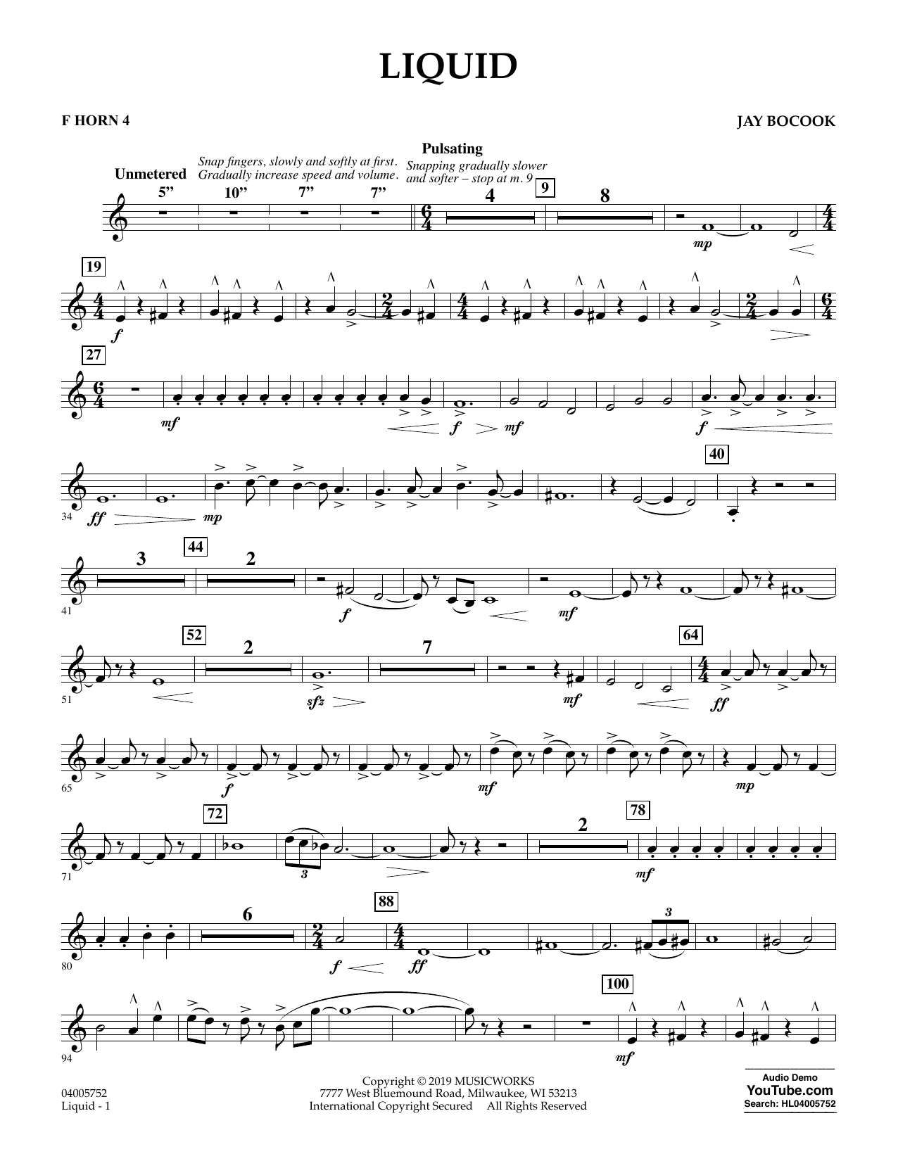 Learn to play Jay Bocook Liquid - F Horn 4 sheet music for Concert Band in minutes. Jay Bocook Liquid - F Horn 4 sheet music preview music notes and score for Concert Band including 2 page(s)