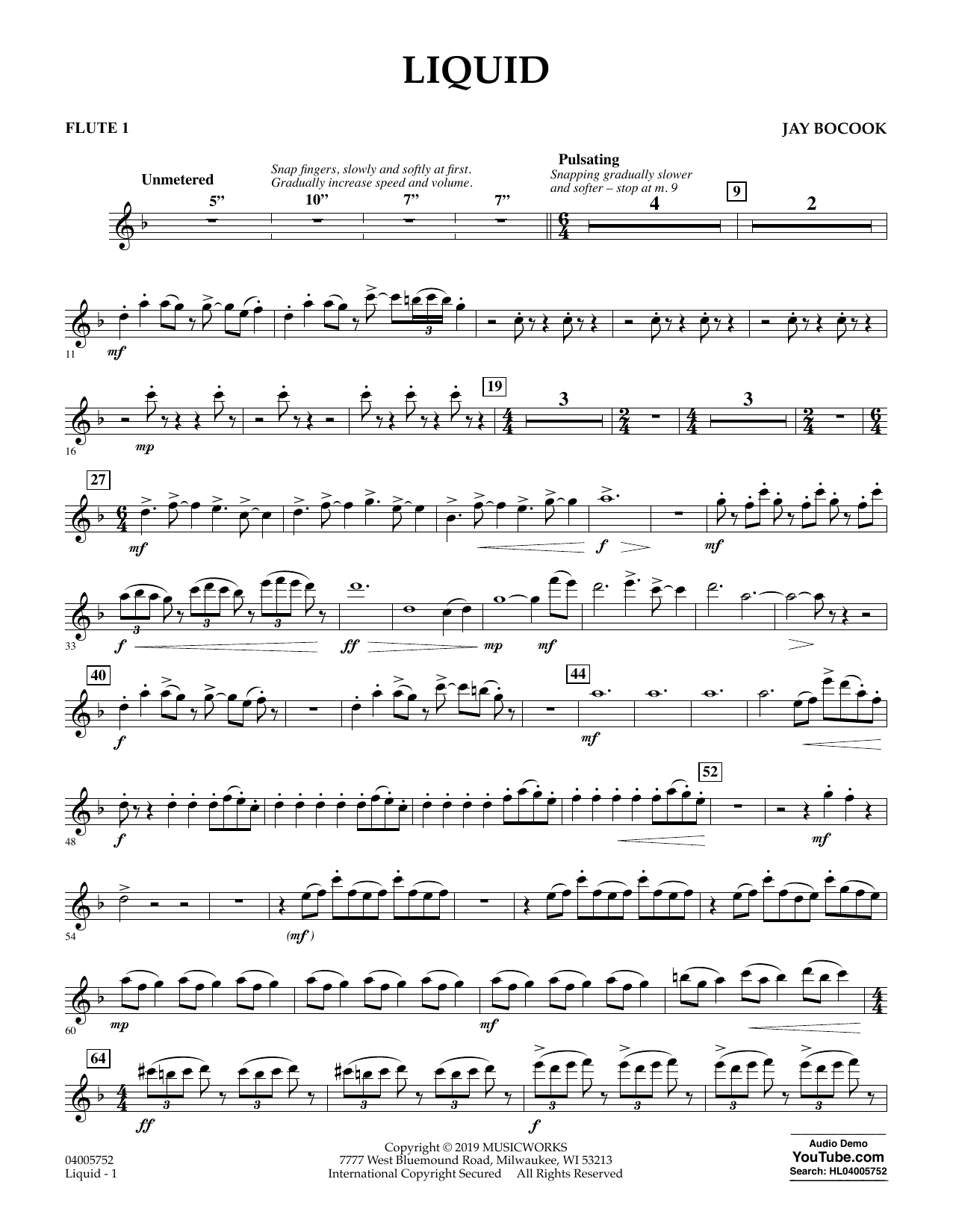 Learn to play Jay Bocook Liquid - Flute 1 sheet music for Concert Band in minutes. Jay Bocook Liquid - Flute 1 sheet music preview music notes and score for Concert Band including 3 page(s)