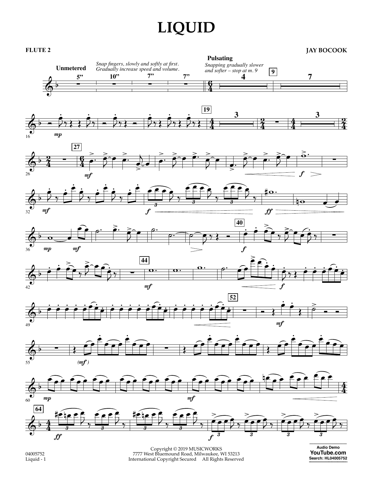 Learn to play Jay Bocook Liquid - Flute 2 sheet music for Concert Band in minutes. Jay Bocook Liquid - Flute 2 sheet music preview music notes and score for Concert Band including 3 page(s)
