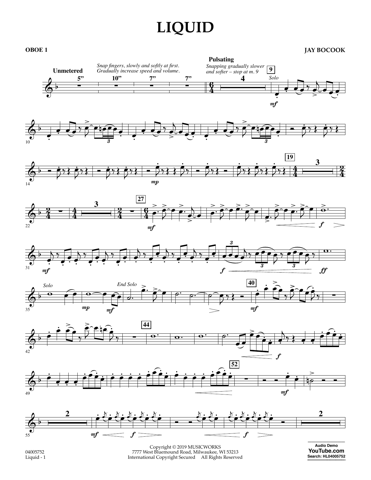 Learn to play Jay Bocook Liquid - Oboe 1 sheet music for Concert Band in minutes. Jay Bocook Liquid - Oboe 1 sheet music preview music notes and score for Concert Band including 3 page(s)