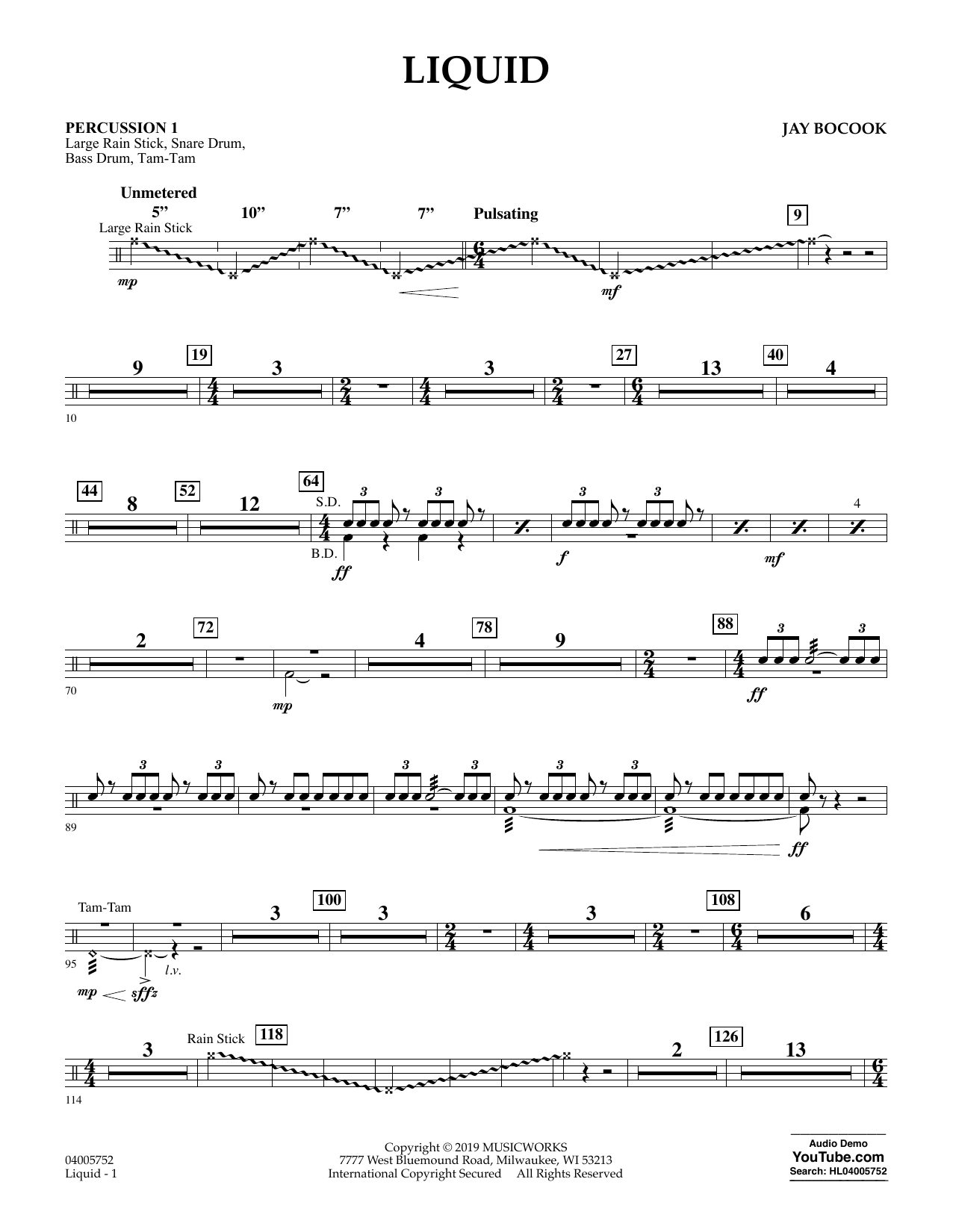 Learn to play Jay Bocook Liquid - Percussion 1 sheet music for Concert Band in minutes. Jay Bocook Liquid - Percussion 1 sheet music preview music notes and score for Concert Band including 2 page(s)