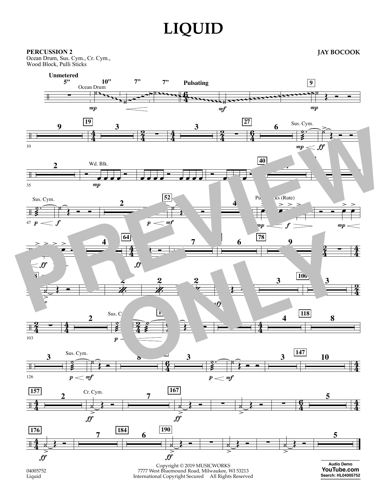 Learn to play Jay Bocook Liquid - Percussion 2 sheet music for Concert Band in minutes. Jay Bocook Liquid - Percussion 2 sheet music preview music notes and score for Concert Band including 1 page(s)