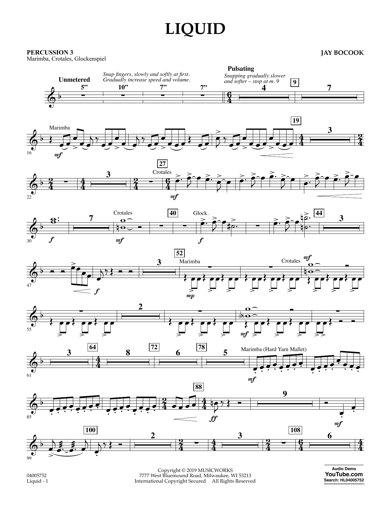 Learn to play Jay Bocook Liquid - Percussion 3 sheet music for Concert Band in minutes. Jay Bocook Liquid - Percussion 3 sheet music preview music notes and score for Concert Band including 2 page(s)