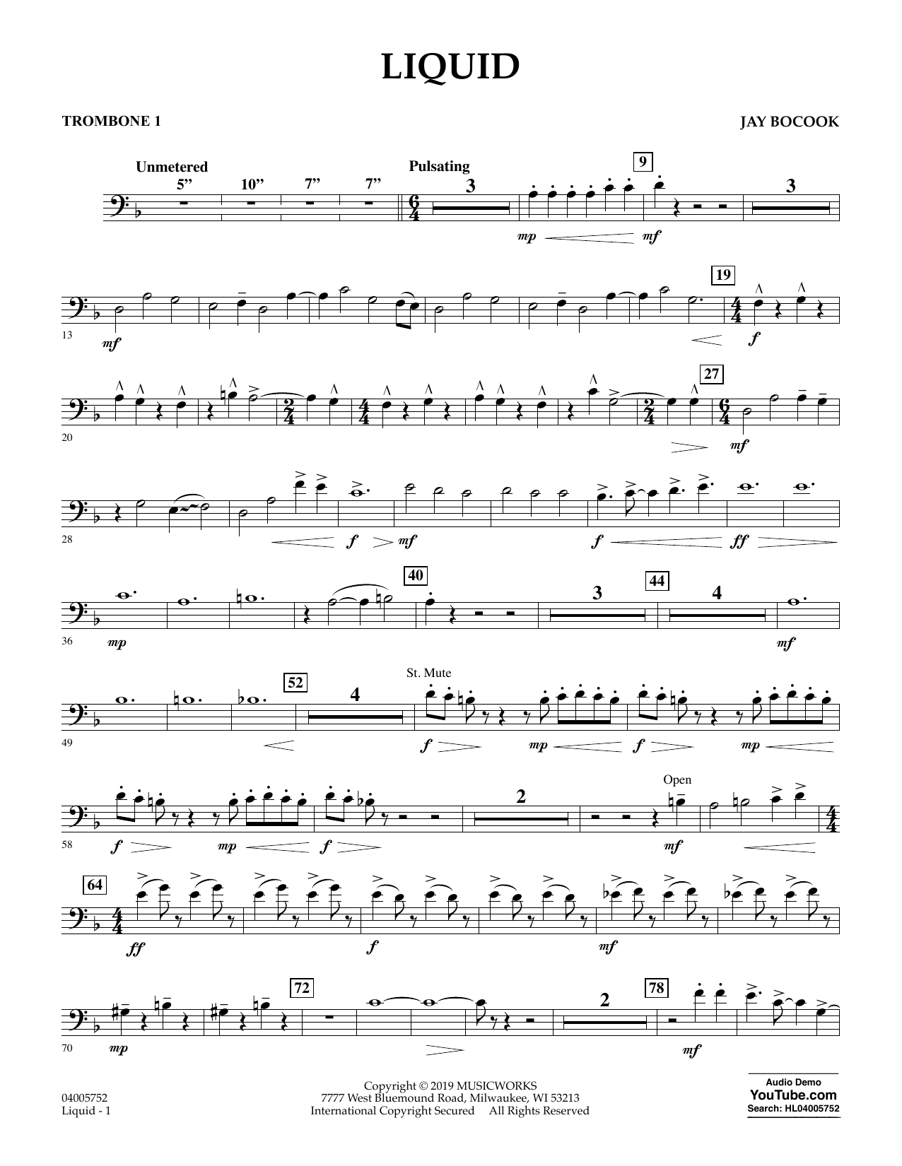 Learn to play Jay Bocook Liquid - Trombone 1 sheet music for Concert Band in minutes. Jay Bocook Liquid - Trombone 1 sheet music preview music notes and score for Concert Band including 2 page(s)