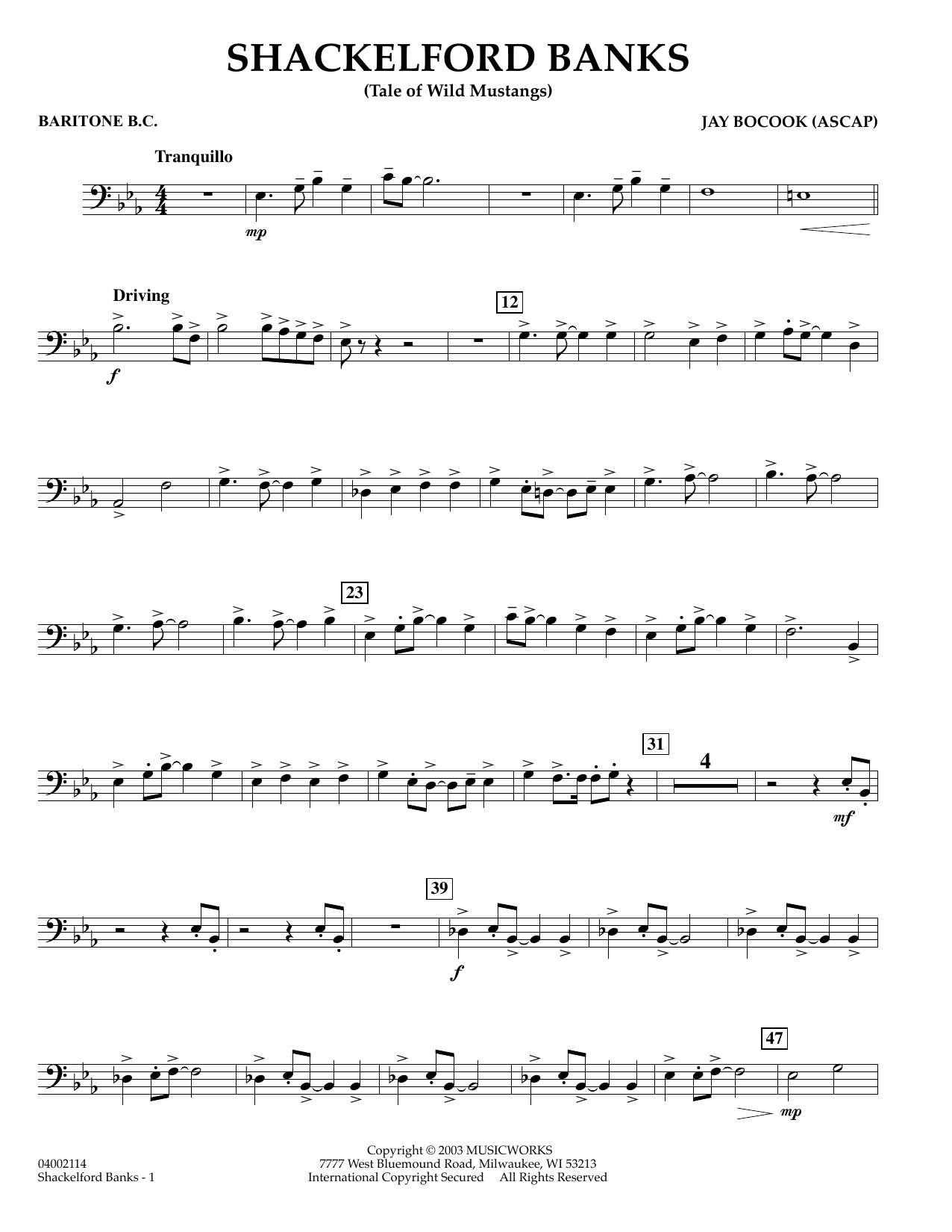 Learn to play Jay Bocook Shackelford Banks - Baritone B.C. sheet music for Concert Band in minutes. Jay Bocook Shackelford Banks - Baritone B.C. sheet music preview music notes and score for Concert Band including 2 page(s)