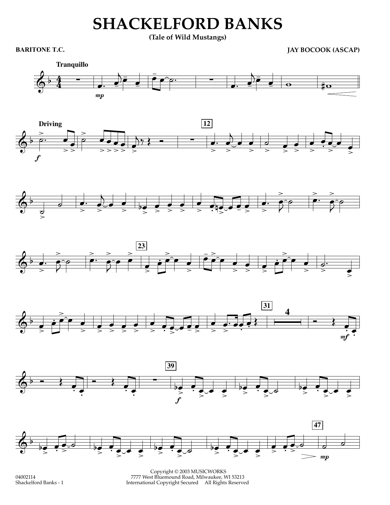 Learn to play Jay Bocook Shackelford Banks - Baritone T.C. sheet music for Concert Band in minutes. Jay Bocook Shackelford Banks - Baritone T.C. sheet music preview music notes and score for Concert Band including 2 page(s)