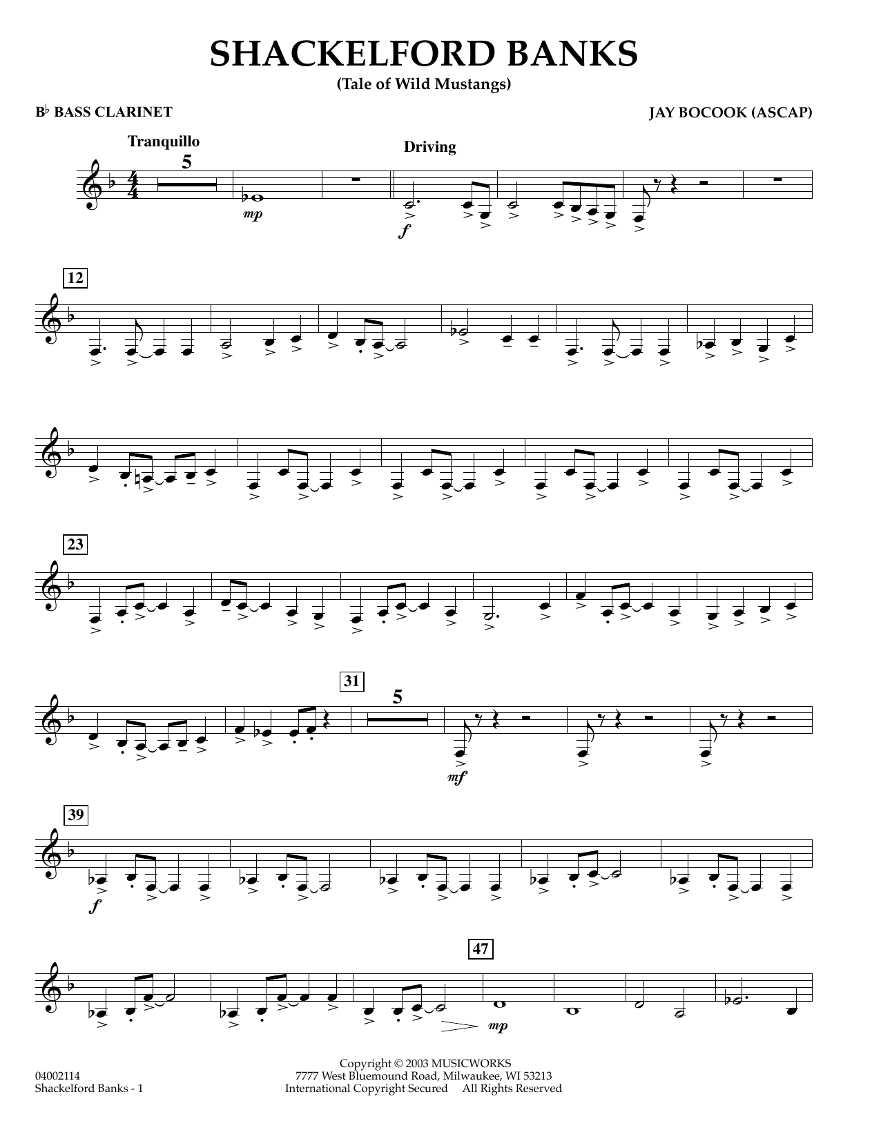 Learn to play Jay Bocook Shackelford Banks - Bb Bass Clarinet sheet music for Concert Band in minutes. Jay Bocook Shackelford Banks - Bb Bass Clarinet sheet music preview music notes and score for Concert Band including 2 page(s)