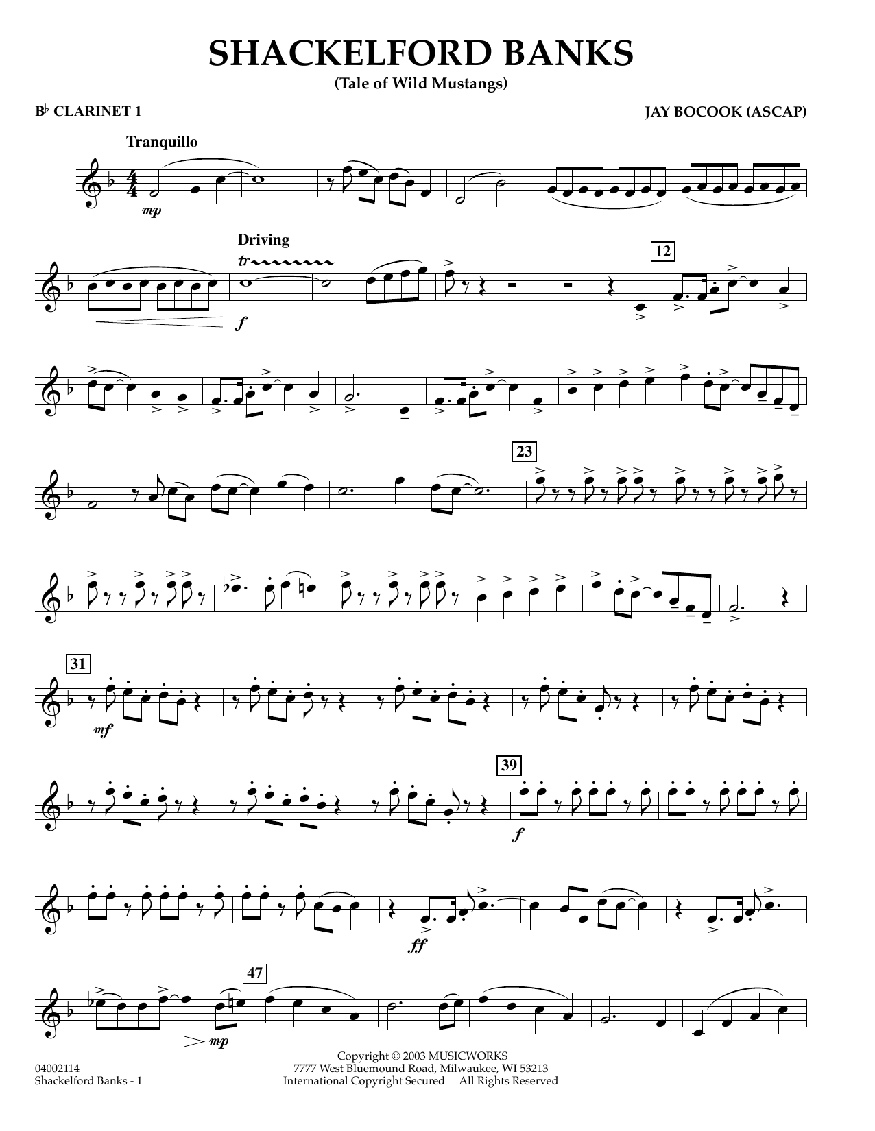 Learn to play Jay Bocook Shackelford Banks - Bb Clarinet 1 sheet music for Concert Band in minutes. Jay Bocook Shackelford Banks - Bb Clarinet 1 sheet music preview music notes and score for Concert Band including 2 page(s)