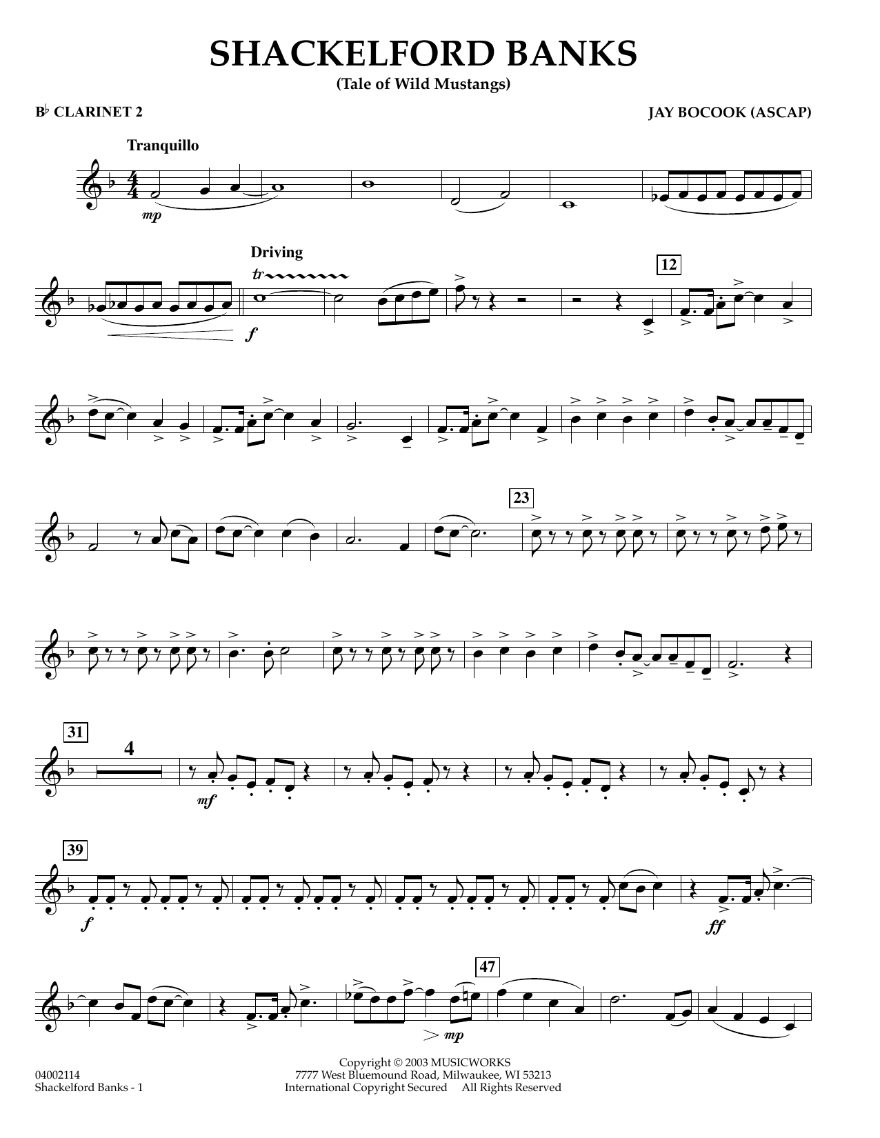 Learn to play Jay Bocook Shackelford Banks - Bb Clarinet 2 sheet music for Concert Band in minutes. Jay Bocook Shackelford Banks - Bb Clarinet 2 sheet music preview music notes and score for Concert Band including 2 page(s)