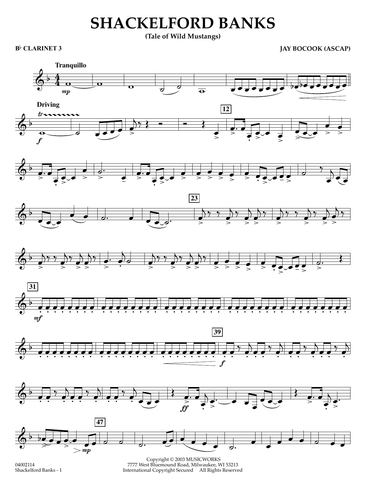 Learn to play Jay Bocook Shackelford Banks - Bb Clarinet 3 sheet music for Concert Band in minutes. Jay Bocook Shackelford Banks - Bb Clarinet 3 sheet music preview music notes and score for Concert Band including 2 page(s)
